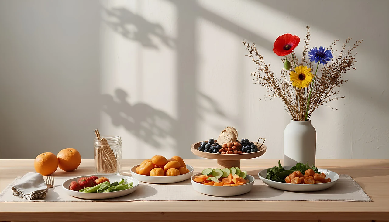 Vielfältige Speisen und Wildblumen auf einem hellen Holztisch